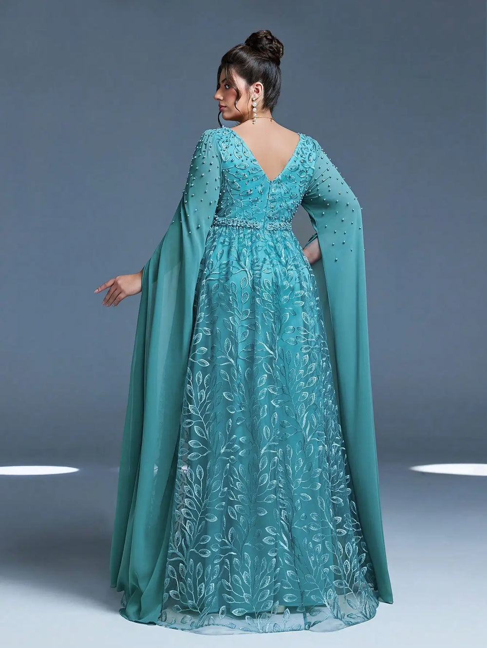 Embroidered Plus Size Evening Gown | Beaded Cape Sleeves | Braviixx