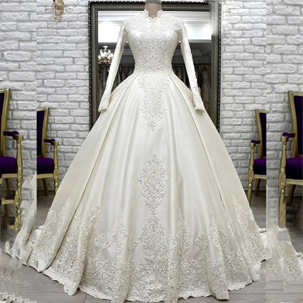 High-Neck Long Sleeve Satin Wedding Dress | Braviixx – Braviixx Store