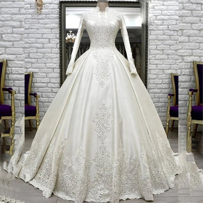 High-Neck Satin & Lace Wedding Dress | Long Sleeves | Braviixx