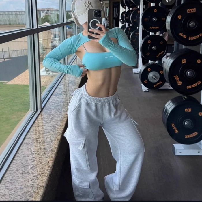 2026 Women‘s Wide Leg Cargo Pants  Elastic Waistband with Large Pockets Casual Fitness Sportswear Y2k Long Pants