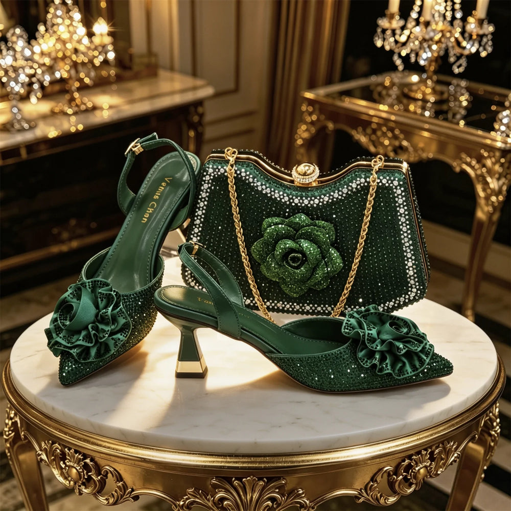 Women's Luxury 3D Rose Rhinestone Shoes & Bag Set – Pointed Toe Slingback Heels | 4 Colors | EU 37–42