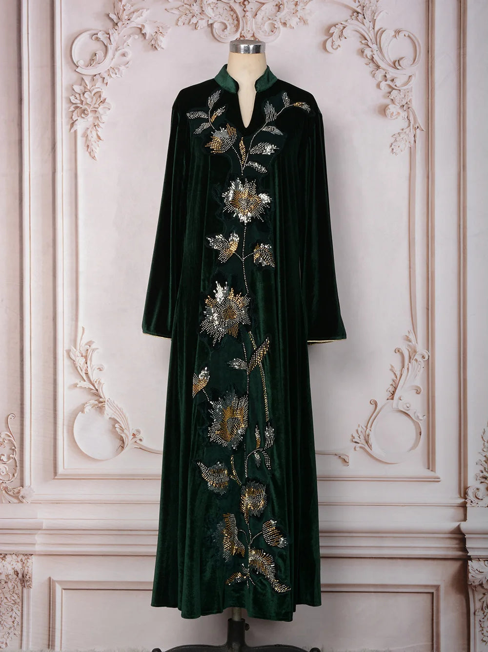 Floral Beaded Velvet Kaftan Dress | Long Sleeves | Braviixx