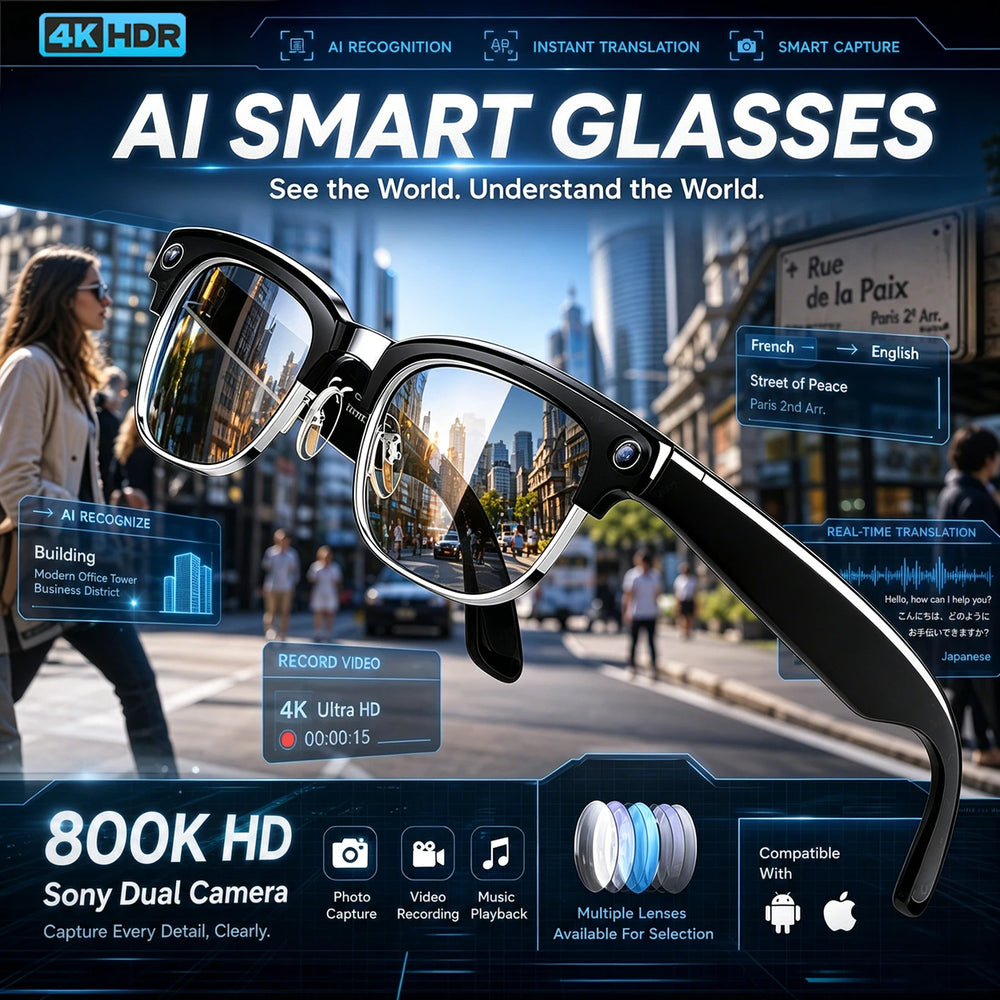 AI Smart Glasses with Dual 8MP Camera | AI Translation, Bluetooth Calling, Music & IP67 Waterproof Smart Sunglasses | Braviixx