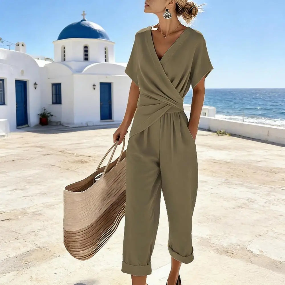 Summer Fashion Solid Women's Two Pieces Set Elegant V Neck Slim Office Suit Casual Pleated Irregular Top And Pants Female Outfit
