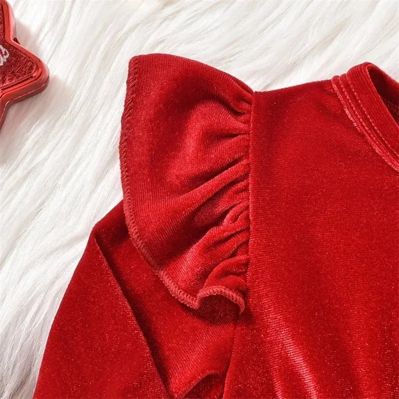 Baby Christmas Velvet Romper Dress Set with Hat | Long Sleeve | 0–3M | Braviixx