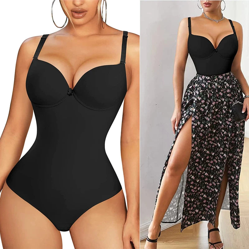 V-Neck Underwire Bra Shapewear Bodysuit | Tummy Control Butt Lifter Waist Trainer | S–XXL | Black & Skin | Braviixx