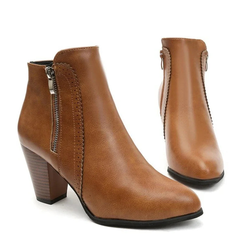 Zip-Up Ankle Boots | PU Block Heel | Braviixx