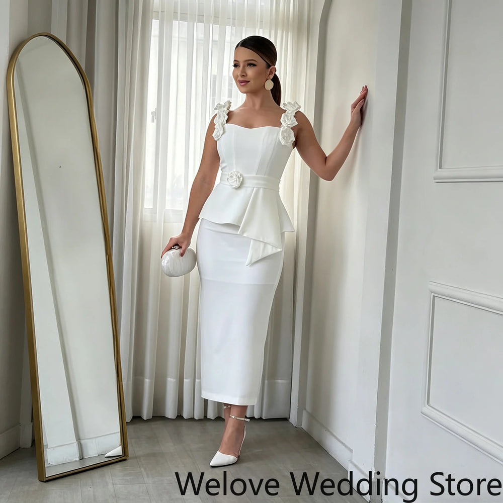 Customized Elegant White Wedding Guest Cocktail Dress 3D Flower Decorated Shoulder Straps Corset Bodice Floral Waist