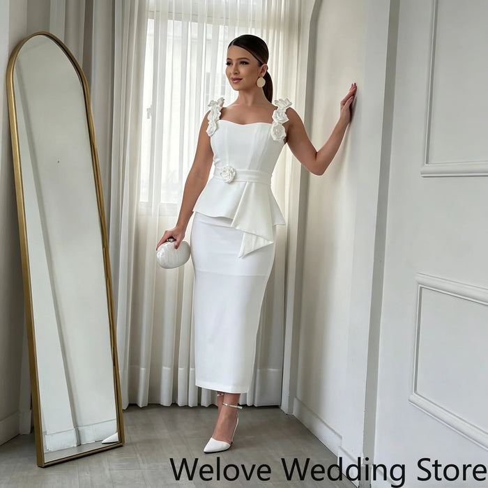Customized Elegant White Wedding Guest Cocktail Dress 3D Flower Decorated Shoulder Straps Corset Bodice Floral Waist
