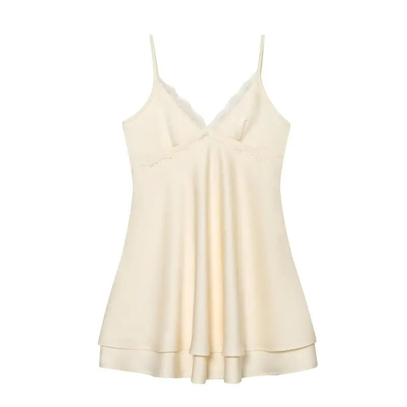 Ladies Silky Satin Slip Dress, Sexy V-Neck Lace Trim Spaghetti Strap Mini Dress, Lightweight for Summer Casual Outings