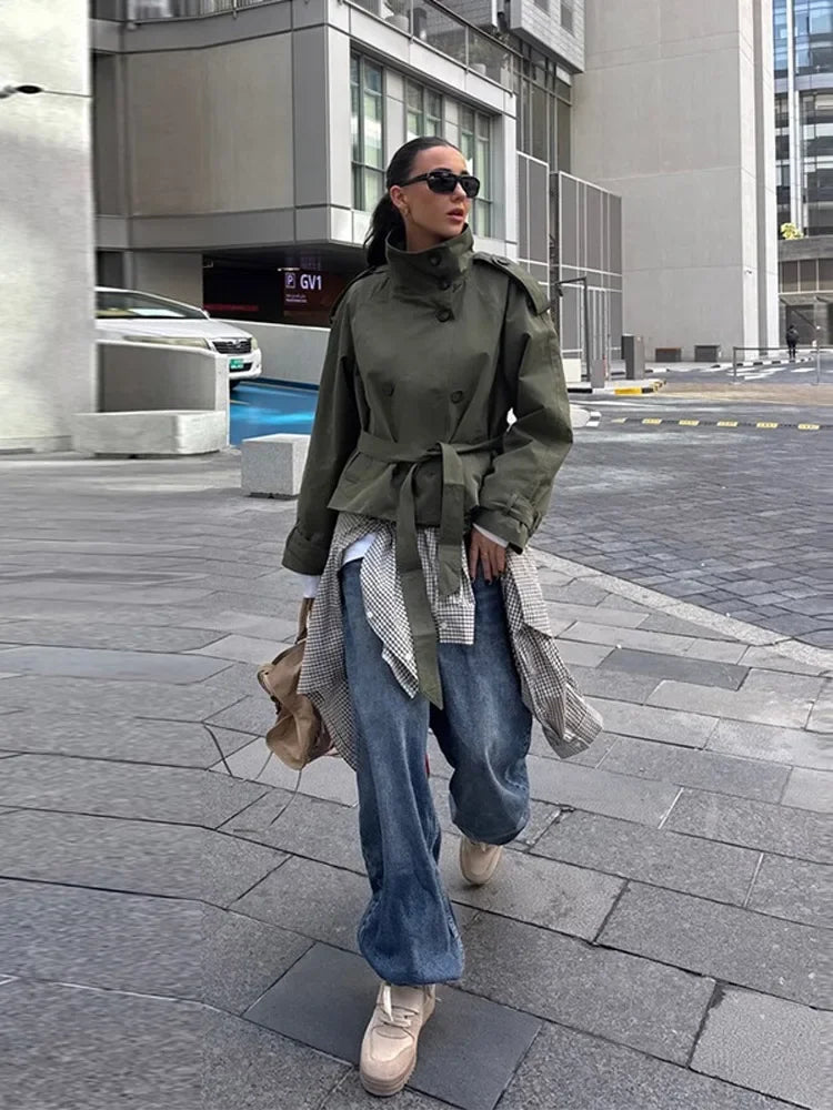 Women's Coats Jacket Double Breasted Belted Cropped Trench Coat Stand Collar Long Sleeve Casual New Arrival Outerwear For Ladies
