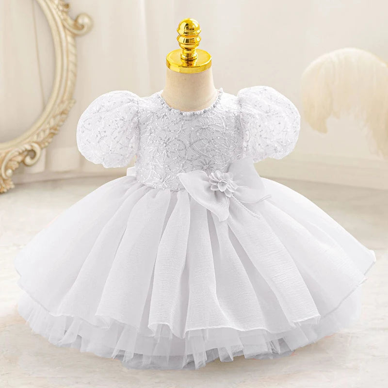Baby Girls Floral Beaded Puff-Sleeve Dress | Pageant Party Gown | 3–6M to 4Y | Braviixx