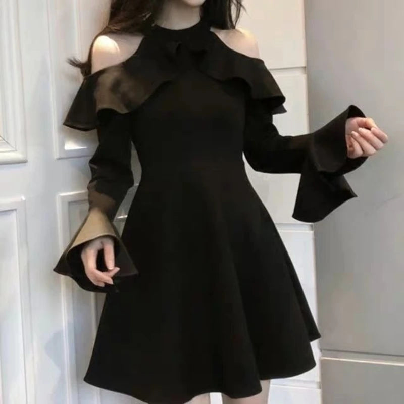 Off-the-shoulder Dress 2026 Women's Long-sleeved Thin Small Black Skirt
