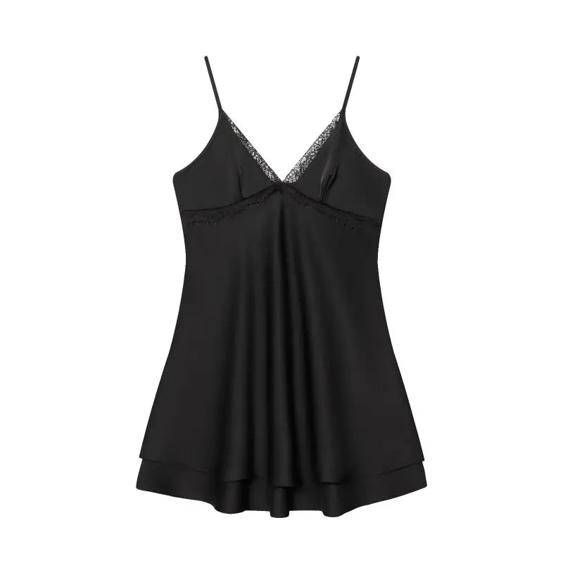 Ladies Silky Satin Slip Dress, Sexy V-Neck Lace Trim Spaghetti Strap Mini Dress, Lightweight for Summer Casual Outings