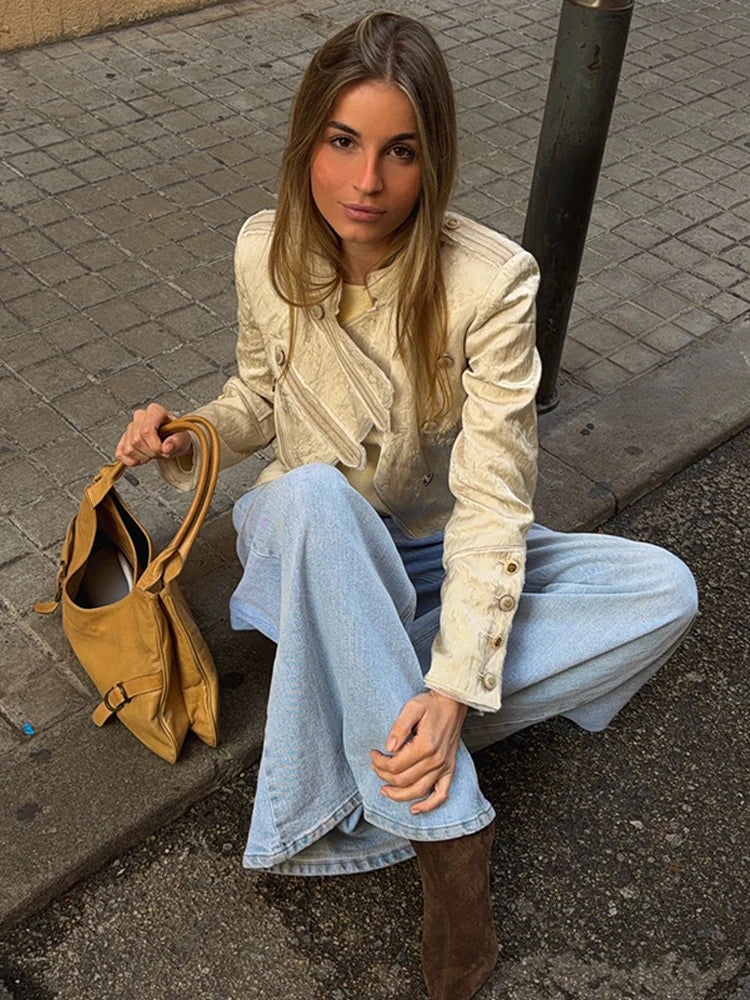 Jacquard Napoleon Jackets Women Shoulder Pad Single Breasted Long Sleeves Fitted Coat Female 2026 Spring New Chic Street Outwear