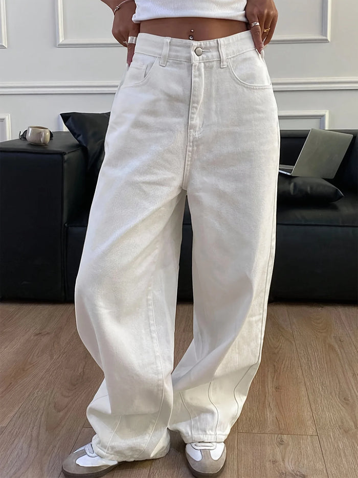 New Spring/Summer 2026 Women's Loose Wide-Leg Solid-Colored Jeans, Casual and Versatile Jeans with Pleat Details