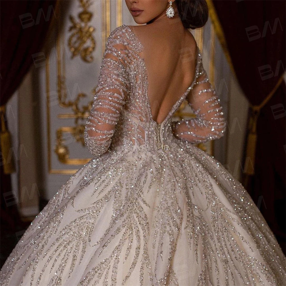 Beaded Long Sleeve Wedding Ball Gown | Chapel Train | Braviixx