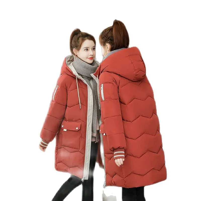 Women's Long Hooded Puffer Coat | Chevron Quilting & Striped Cuffs | Braviixx