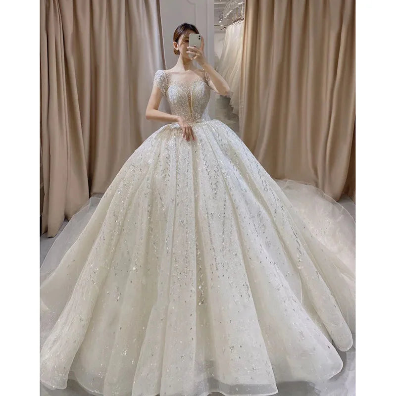 Lace & Beaded Wedding Ball Gown | Cap Sleeves | Braviixx