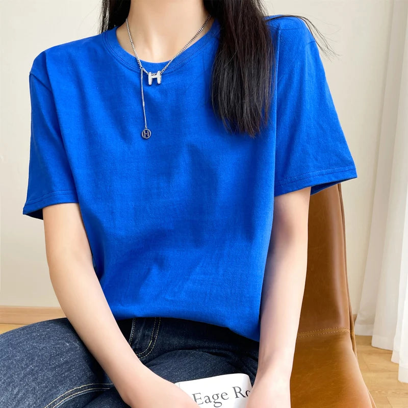 Women T-shirts 2026 Tops Solid Short Sleeve Loose O-neck  Cotton Casual Ladies Shirts Harajuku Korean Summer Woman Tshirts
