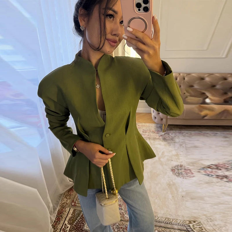 Elegant Stand Collar Blazer Women Solid Full Sleeve Button Pleated Slim Jackets 2026 Fashion Spring Waist-closed Coat Lady