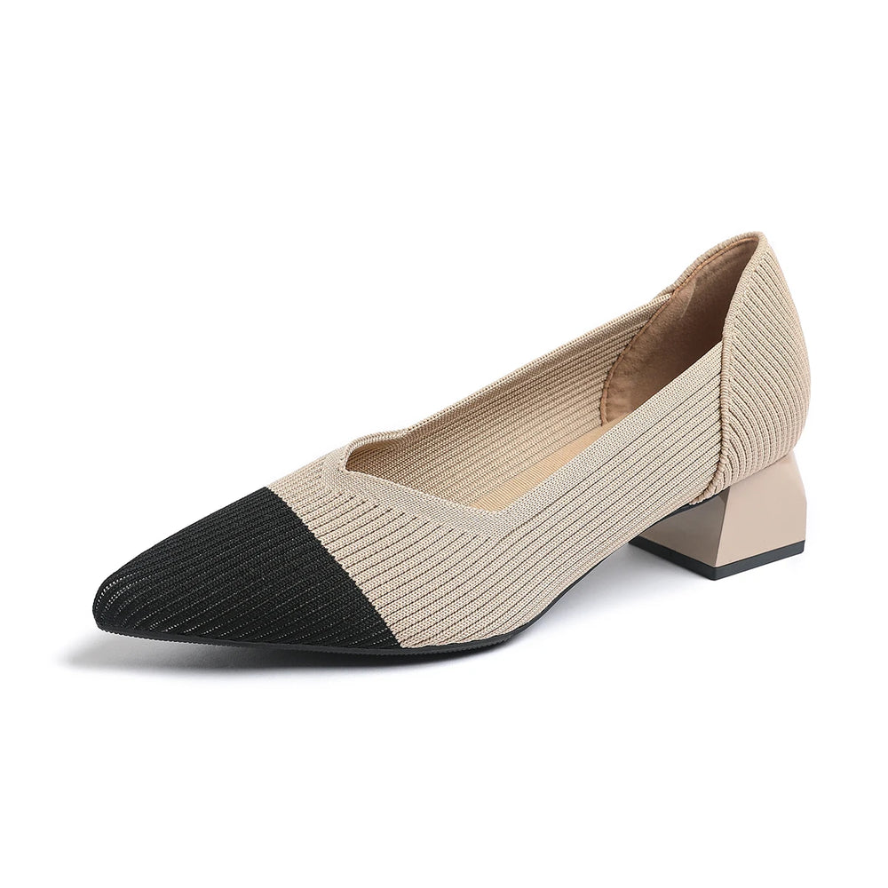 Women's Two-Tone Ribbed Knit Block Heel Pumps | Pointed Toe | Breathable | 10 Colours | EU 35–43