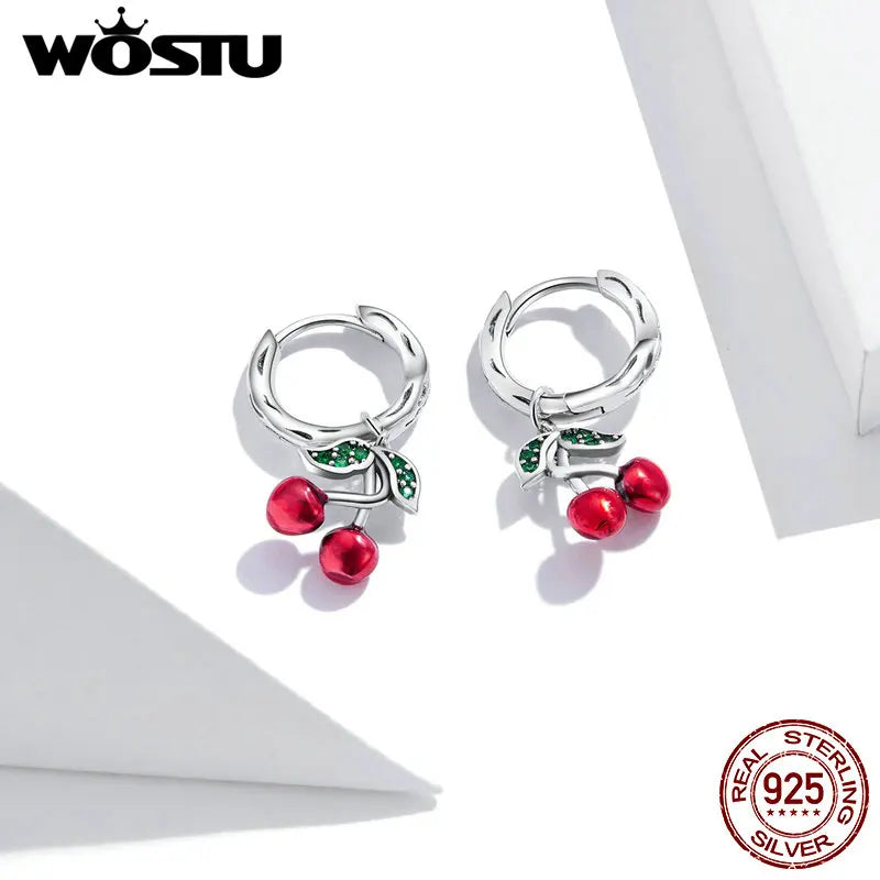 WOSTU 925 Sterling Silver Red Cherry  Drop Dangle Earrings For Women , Wedding Hoops Earrings Women Fine Jewelry GIft