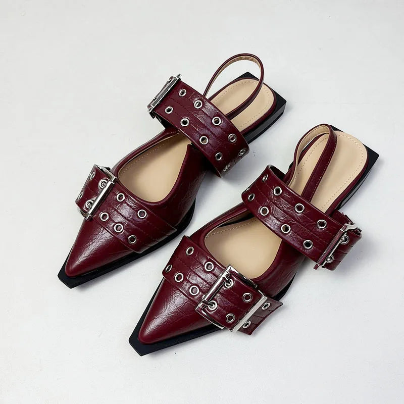 New Sandals Women Flats Shoes Fashion Metal Buckle Shoes Spring Pointed Toe Shallow Footwear Slingbacks Ladies Sandals