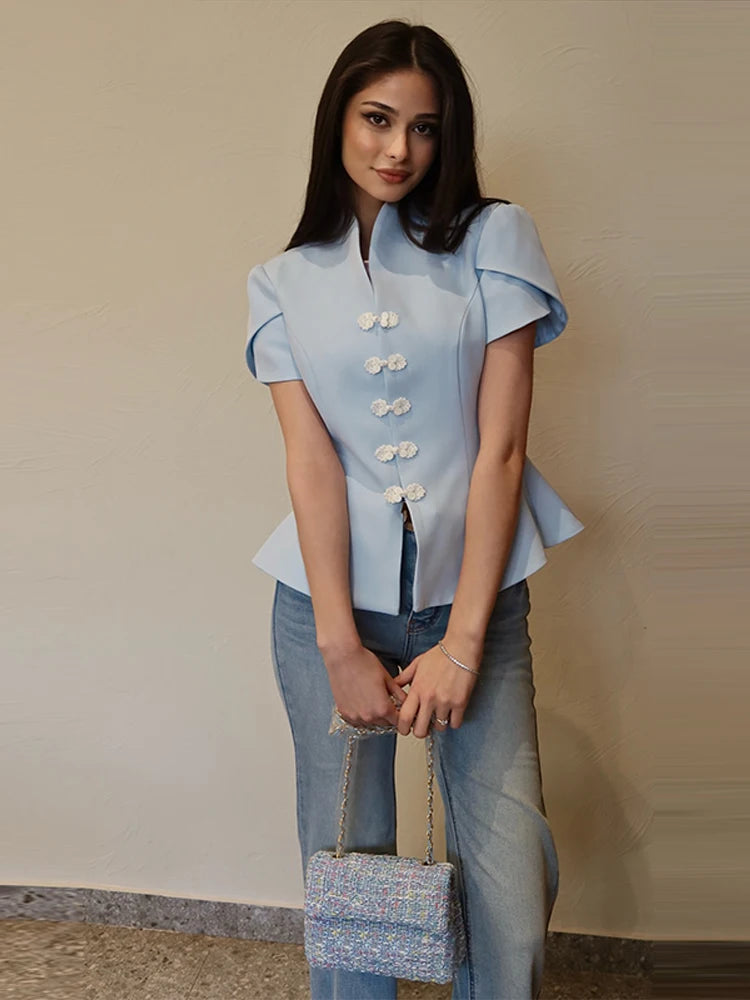 Women's Short Puff Sleeve Jackets Stand Collar Single Breasted Waist Cinching Blouse 2026 Spring Summer New Woman Streetwears