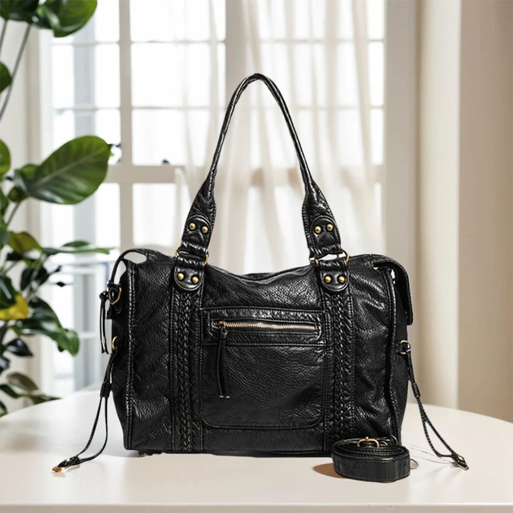 Leather Retro Shoulder Bag for Women with Pockets Utility Handbags Top Handle Bag Shopper Bag for Work Travel
