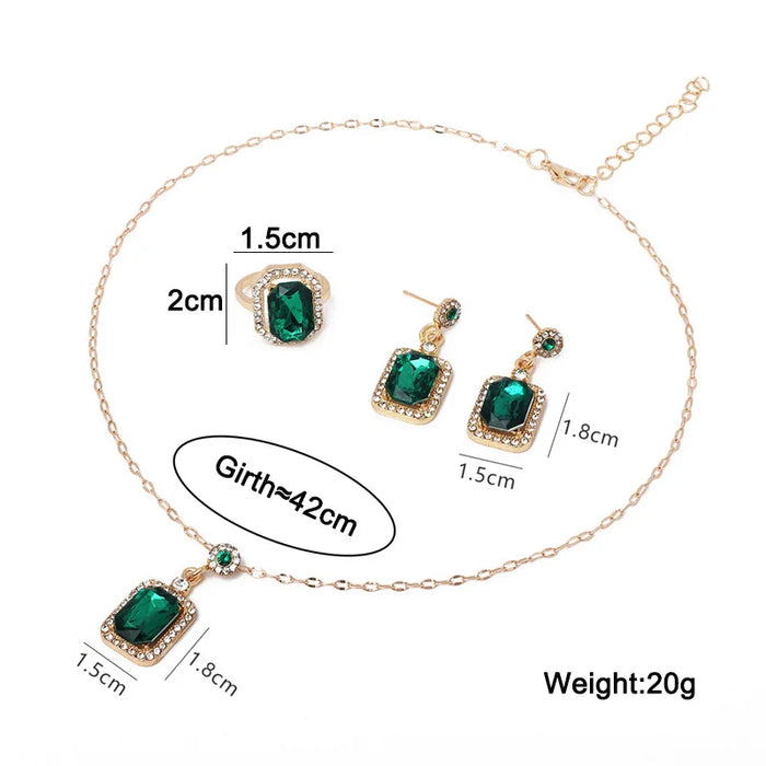 Women's Green Rhinestone Jewellery Set | Pendant Necklace, Earrings & Ring | Braviixx