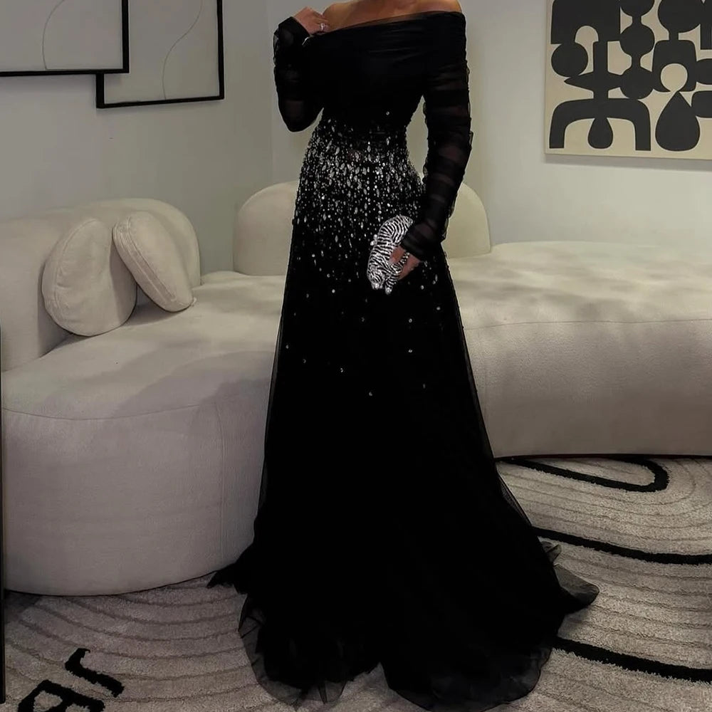 Black Off-Shoulder Evening Gown | Embellished Waist & Long Sleeves | Braviixx