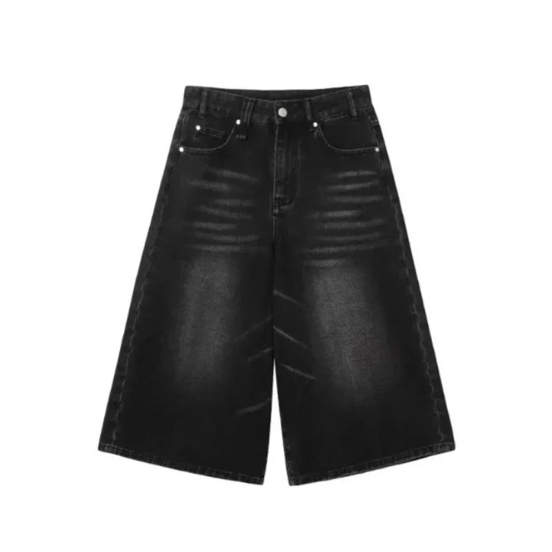 2026 Y2k Retro Women Low Rise Jorts Brushed Black Wash Cropped Baggy Jeans Wide Leg Frayed Denim Short Pants Fashion