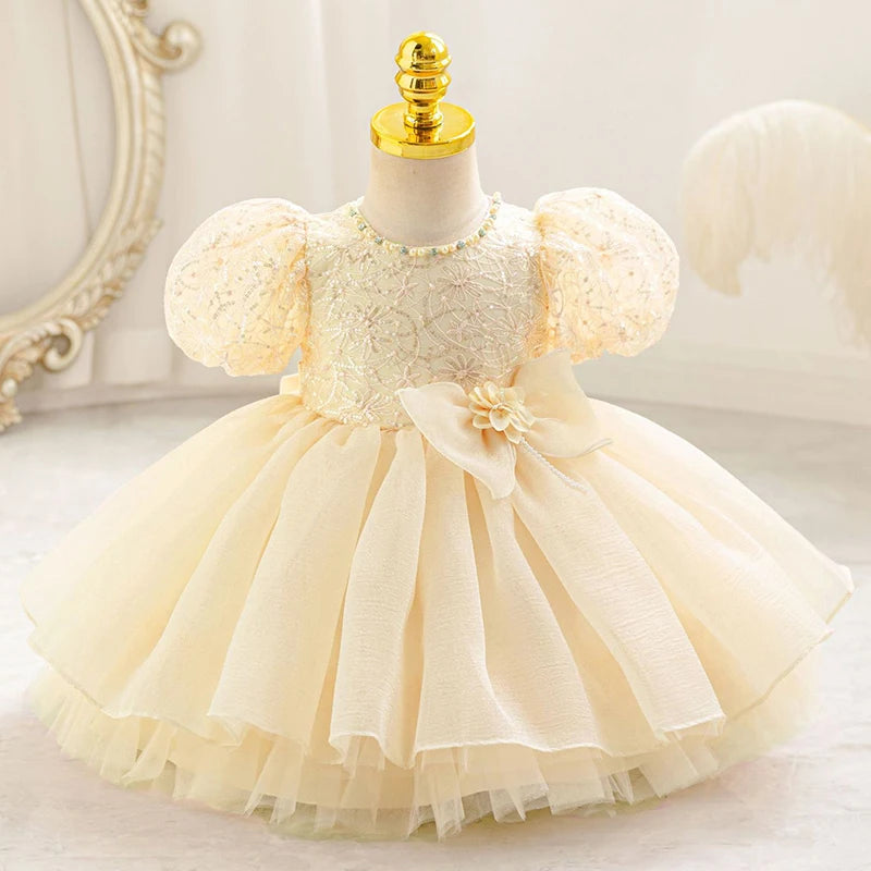 Baby Girls Floral Beaded Puff-Sleeve Dress | Pageant Party Gown | 3–6M to 4Y | Braviixx