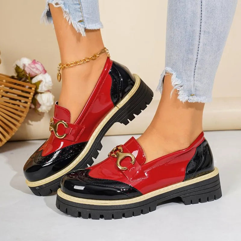 Women's Glossy Colourblock Loafers | Chunky Sole & Gold-Tone Detail | Braviixx