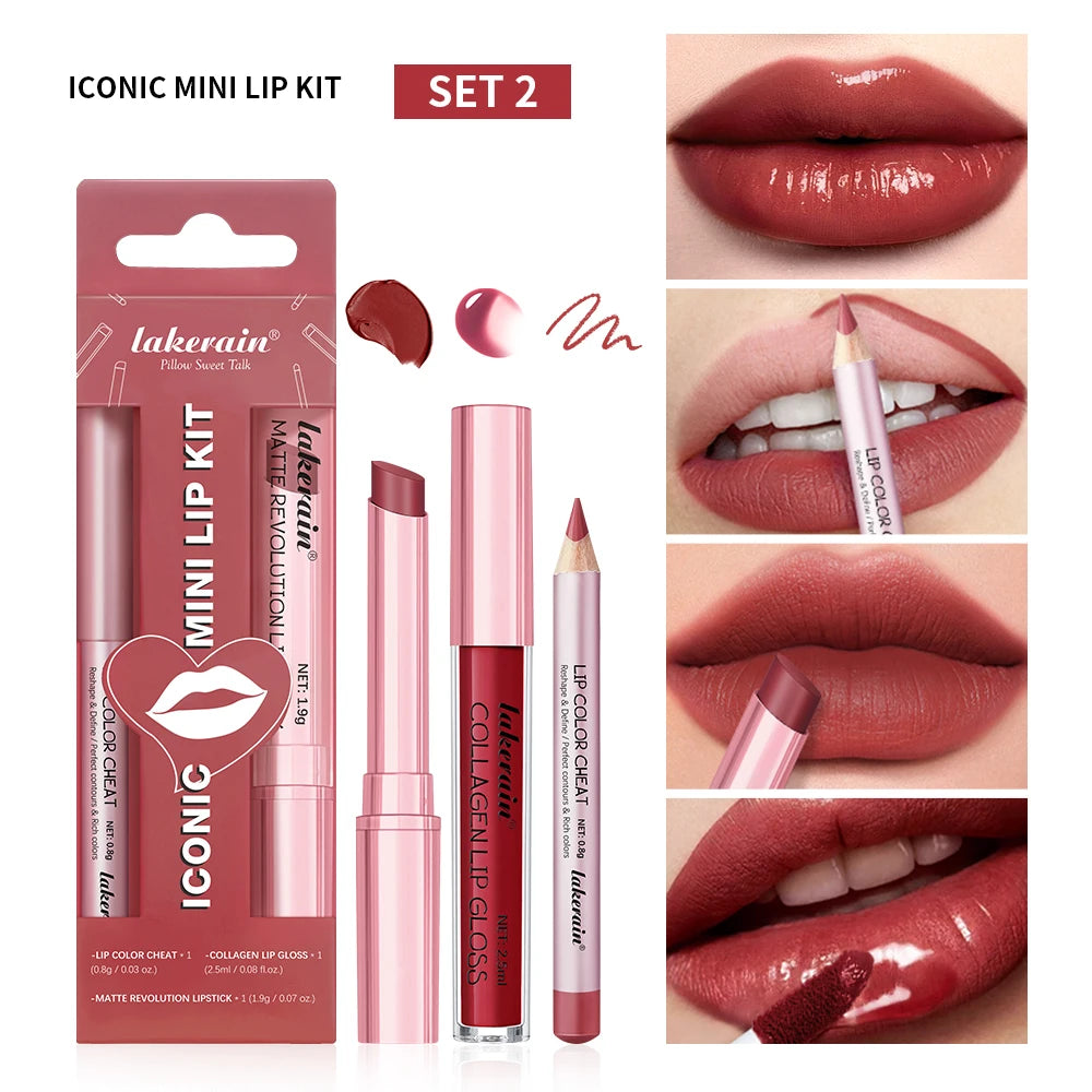 Iconic Mini Lip Kit | 3-Piece Lipstick, Gloss & Liner Set | Braviixx
