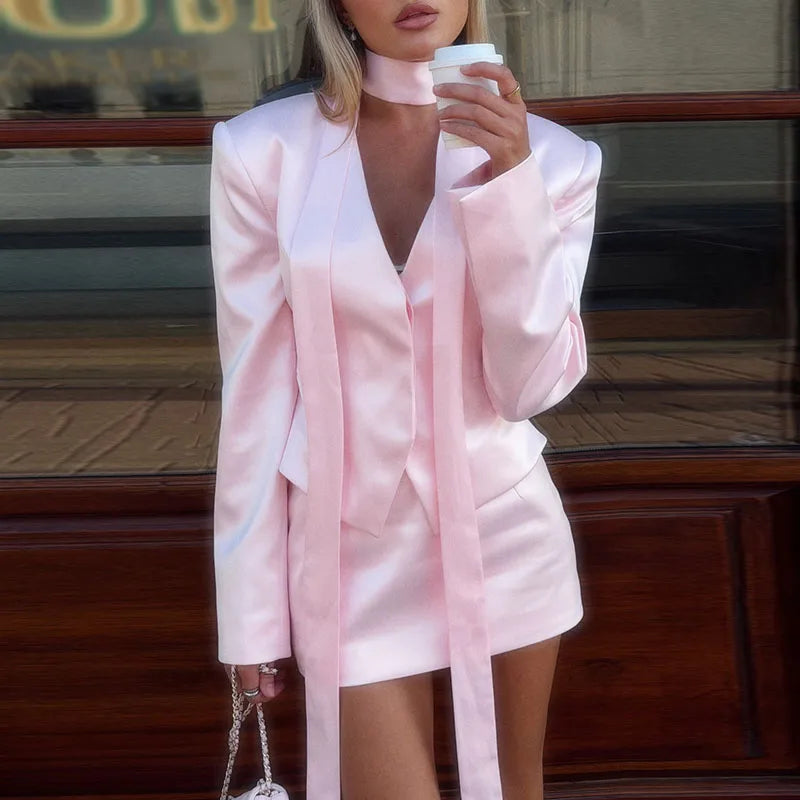 Urban Solid Blazer Skirt Women Set Scarf Collar Long Sleeve Button Top Hip Package Skirts 2026 Summer Holidays Lady Suit New