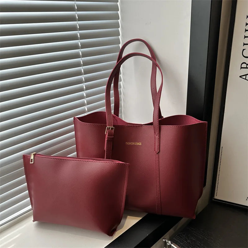 Women's Large Capacity Soft PU Tote Bag 2-Piece Set | Shoulder · Zipper Pouch | 5 Colours | Braviixx