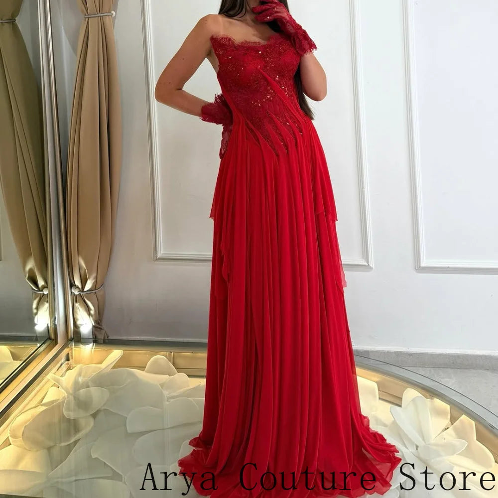 Red Wedding Guest Formal Dress Strapless Scalloped Lace Neckline Sparkly Sequin Embellished Bodice Cascading Draped Chiffon