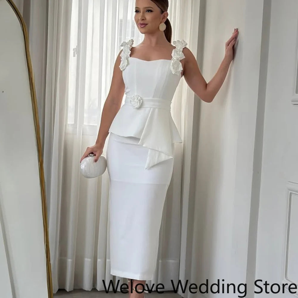 Customized Elegant White Wedding Guest Cocktail Dress 3D Flower Decorated Shoulder Straps Corset Bodice Floral Waist