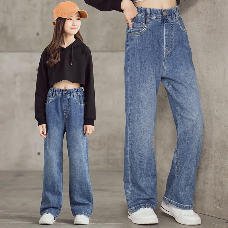 2026 Newest Children's High Waisted Straight Fit Ripped Jeans With Holes For Girls Casual Denim Pants For 5 7 9 11 13 14 Years