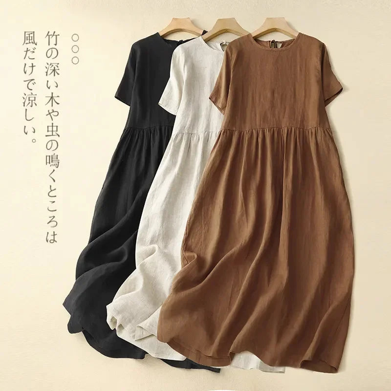 Women's Linen Cotton Casual Dress Round Neck Short Sleeve A-Line Loose Summer Maxi Dress