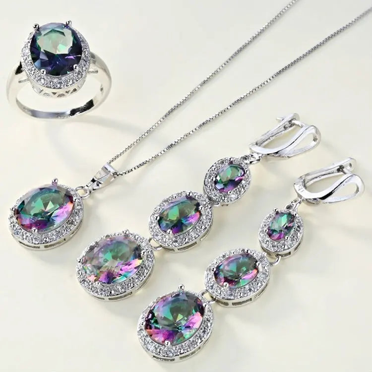 Women's Rainbow-Look Jewellery Set | Halo Necklace, Long Earrings & Ring | Braviixx
