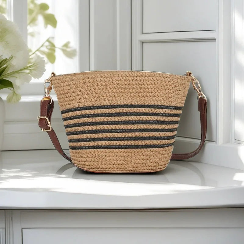 Women's Handwoven Straw Bucket Crossbody Bag | Linen · Striped · Beach · Travel | 4 Colours | Braviixx