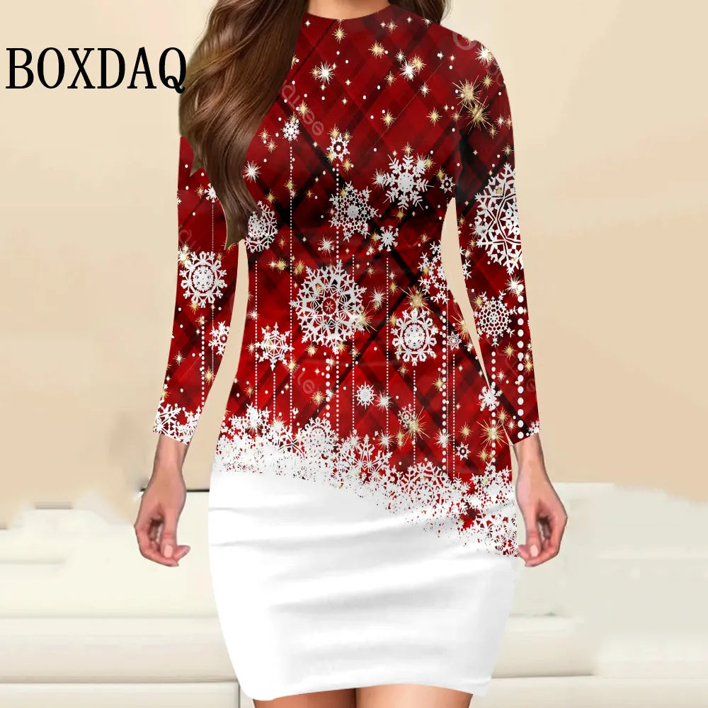 Christmas Print Bodycon Mini Dress | Long Sleeves | Braviixx