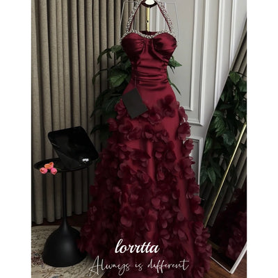Women's Halter Crystal Ruched Satin Gown with 3D Floral Petal Skirt | Custom Colour & Burgundy | Wedding Guest, Prom & Evening Dress | US 2–26W
