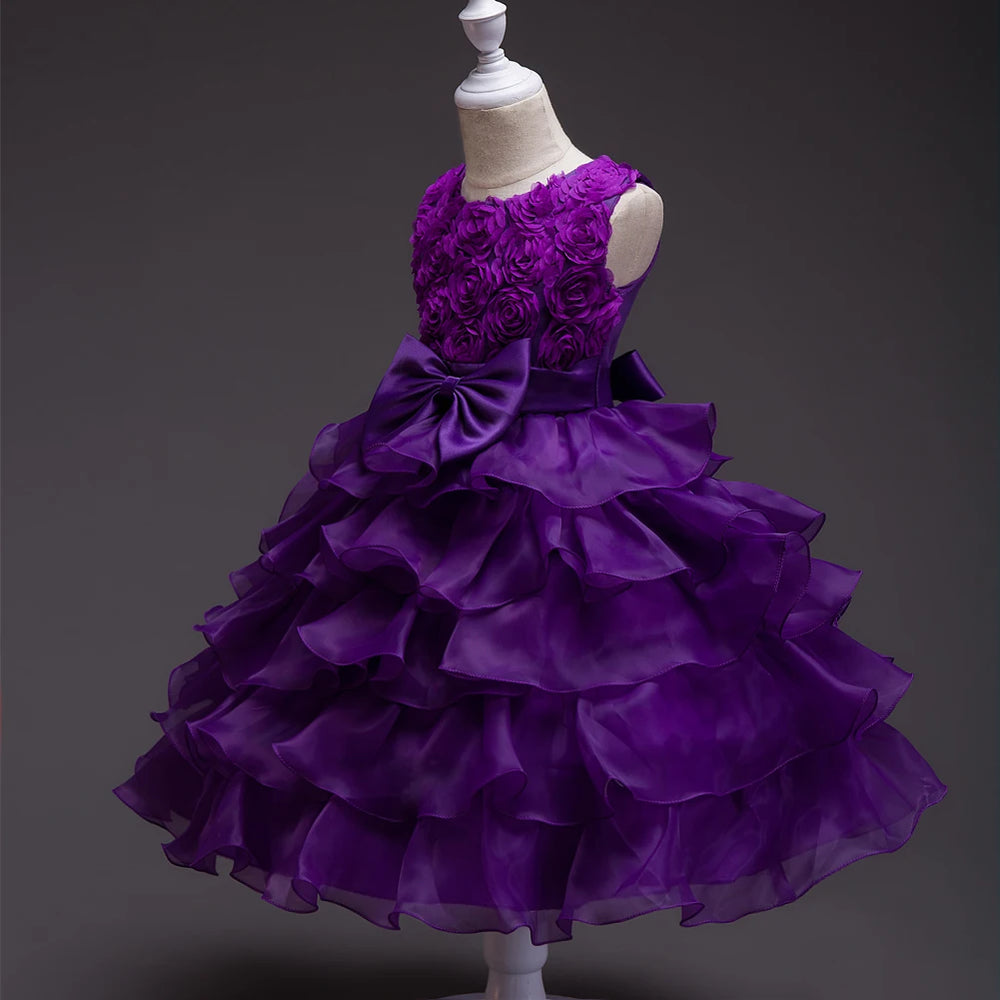 Girls Satin Rose Flower-Girl Dress | Layered Wedding Party Dress | 3–4Y to 9–10Y | Braviixx