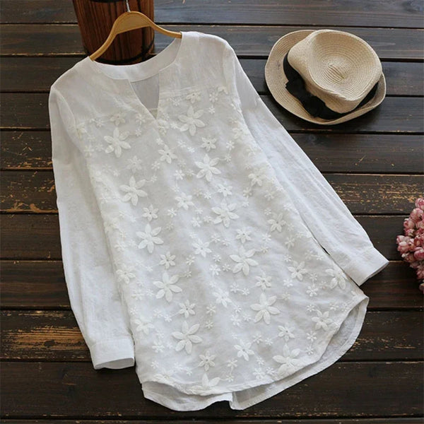 Floral Embroidery Cotton Linen Blouse | V-Neck Long Sleeve Loose Top
