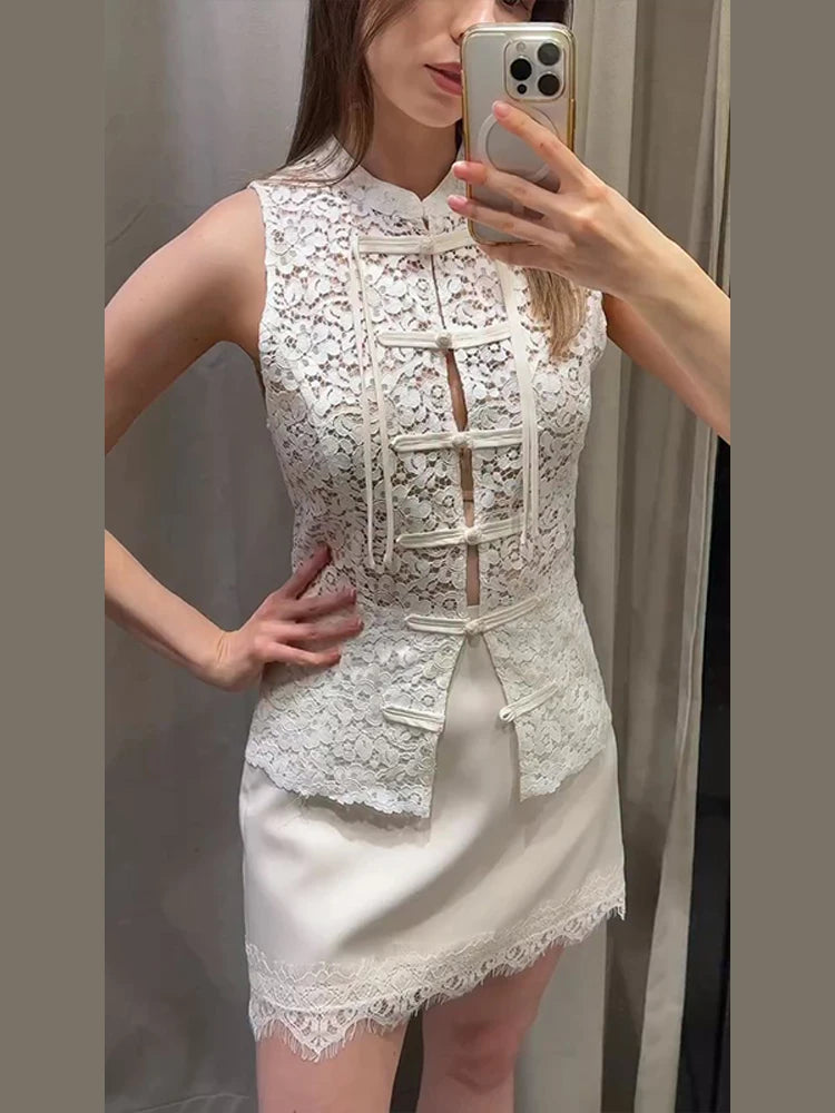 Women White Lace Cheongsam Top Sleeveless Stand Collar Chinese Frog Button Vintage Style Blouse 2026 Lady Casual Streetwear Top