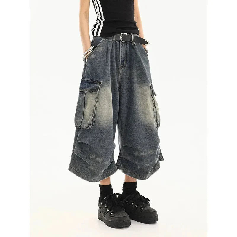 2026 Summer Y2k Retro Women Low Waisted Wash Cropped Baggy Jeans Wide Leg Frayed Denim Short Pants Korean Fashion Pants
